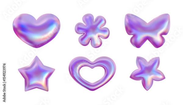 Fototapeta Pink vector 3d icon set. Y2k metallic emoji. Heart, flower, butterfly and star. Holographic stickers collection