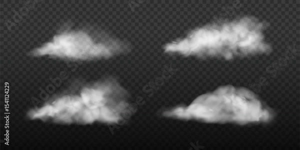Fototapeta White smoke on the floor realistic illustration. Vector car dust cloud set. Fog spreading on the road design element collection