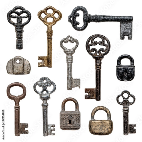 Fototapeta Collection of antique keys and padlocks arranged on a surface on transparent background