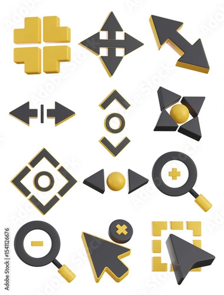 Fototapeta 3D Navigation and Pointer Icon Set – UI Cursor, Zoom, and Arrow Controls