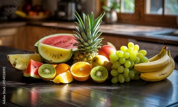 Fototapeta Vibrant Assortment of Fresh Fruits Including Watermelon Pineapple Kiwi Oranges Grapes and Bananas Arranged on a Dark Wooden Table Against a Warm Kitchen Background Symbolizing Healthy Eating and