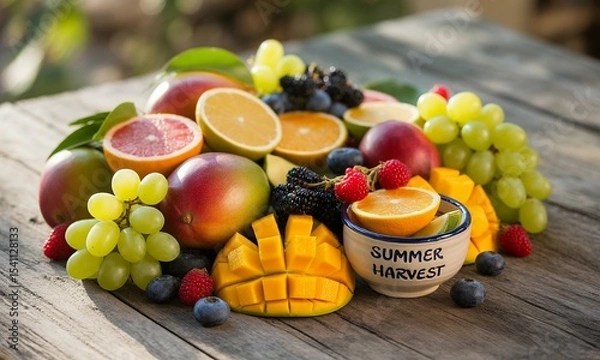 Fototapeta Vibrant Assortment of Fresh Fruits on Rustic Wood Table featuring Mangoes Grapes Oranges and Berries with Natural Sunlight and Eye-Level Perspective Promoting Healthy Lifestyle and Nutritional Diet