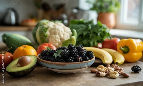 Fototapeta Vibrant Assortment of Fresh Produce on Wooden Tabletop Featuring Blackberries Avocados and Citrus Fruits Complemented by Colorful Vegetables Like Bell Peppers and Cauliflower in Kitchen Setting Fresh