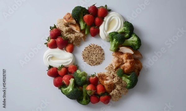 Fototapeta Vibrant Circle of Grilled Chicken Brown Rice Strawberries and Broccoli with Yogurt Drizzles Overhead Flat Lay on White Background Showcasing Balanced Diet in a Studio Light Setting Suitable for