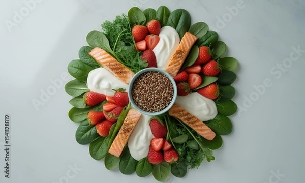 Fototapeta Vibrant Circular Food Display Featuring Grilled Salmon Quinoa Strawberries and Leafy Greens with Creamy Accents on Bright White Backdrop in Overhead Flat Lay Promotes Healthy Lifestyle and Diet