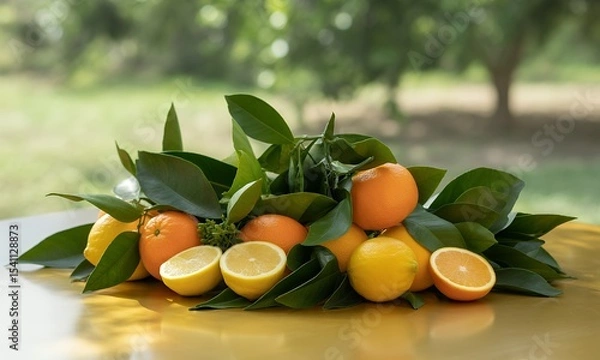 Fototapeta Vibrant Citrus Display Fresh Oranges and Lemons Arranged with Lush Green Leaves on Golden Table Reflective Surface in Natural Daylight for Adobe Stock Photography Use