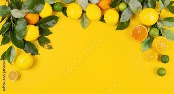 Fototapeta Vibrant Citrus Fruits and Green Leaves Top Down Arrangement On a Bright Yellow Background Displaying Fresh Lemons Oranges and Limes for Healthy Eating Diet and Lifestyle with Copy Space Ideal for