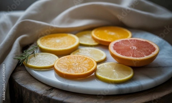 Fototapeta Vibrant Citrus Harmony Slices of Orange Lemon and Grapefruit Arranged on Marble Surface with Rosemary and Linen Cloth for Wellness and Health Promotion Detailed Food Photography with Natural Light