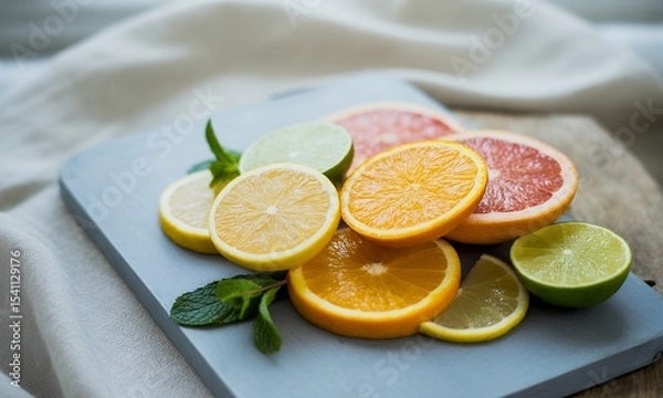 Fototapeta Vibrant Citrus Medley Display Featuring Sliced Oranges Lemons Limes and Grapefruit on Blue Cutting Board with Mint Leaves Accents Against Soft White Linen Backdrop a Refreshing Still Life Composition