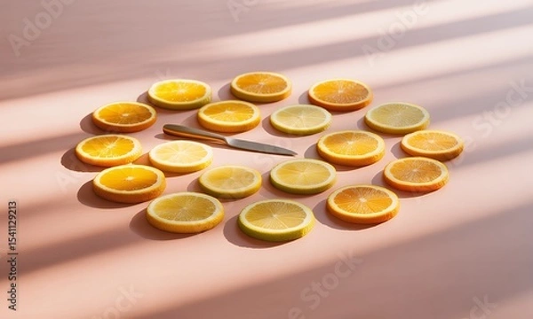 Fototapeta Vibrant Citrus Slices with Golden Knife on Pink Tabletop Displaying Orange and Lemon Segments in Symmetrical Still Life Arrangement with Eye-Level Sunlight for Healthy Eating and Earth Day Concept