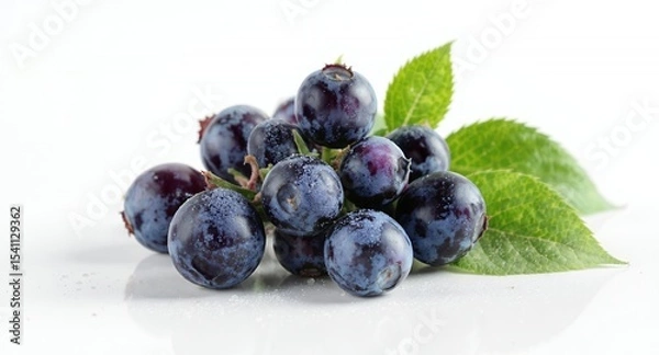 Fototapeta Vibrant Close Up of Fresh Blueberries with Green Leaves on a White Reflective Surface Capturing Natural Sweetness and Nutritional Goodness in Bright Daylight Perfect for Healthy Lifestyle Imagery