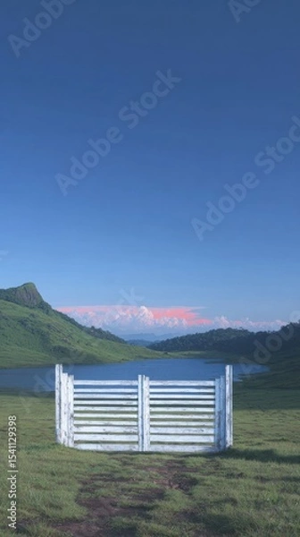 Obraz Tranquil mountain lake vista with white gate