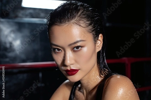 Fototapeta Intense portrait of an athletic woman with wet hair and sweat, in a boxing ring setting showcasing strength and determination.
