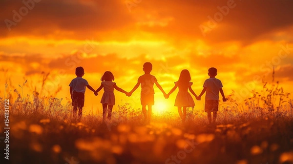 Obraz silhouette of a group of people raising their hands together on a hilltop during sunset, golden hour lighting, soft orange tones. Ai Generated Images