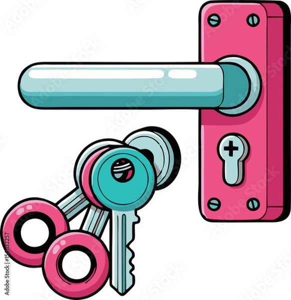 Fototapeta Cartoon Door Handle, Keys, and Lock in Vibrant Pink and Teal Colors.