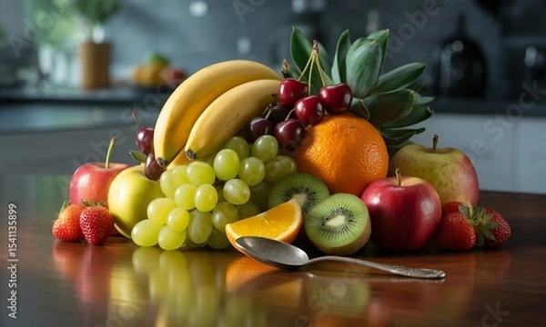 Fototapeta Vibrant Fruit Arrangement on Wooden Kitchen Table Featuring Apples Bananas Grapes Oranges Kiwis Pineapples Cherries and Strawberries Showcasing Freshness and Nutritional Health for A Balanced Diet