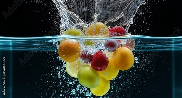 Fototapeta Vibrant Fruit Explosion in Refreshing Water a Splash of Raspberries Lemons Oranges Grapes and Green Apples Against Black Backdrop Showcasing Health and Wellness a Dynamic Display of Nutrients