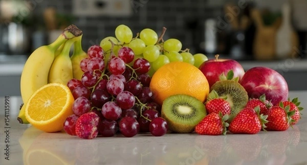 Fototapeta Vibrant Fruit Medley Display Featuring Bananas Grapes Oranges Apples Kiwis and Strawberries on a Light Gray Surface with Natural Lighting Showcasing Fresh and Healthy Eating Promoting Wellness and