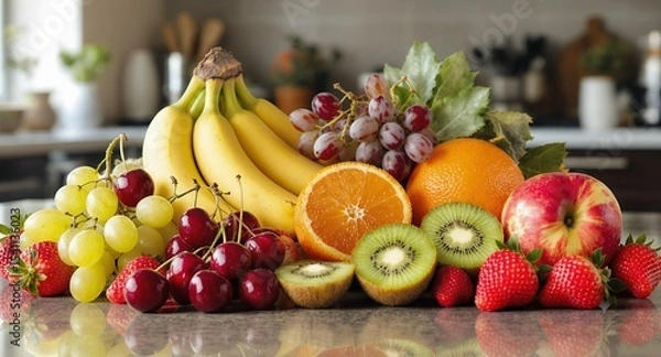 Fototapeta Vibrant Fruit Medley Featuring Bananas Grapes and Citrus Arranged on Kitchen Countertop with Blurred Background for Fresh and Nutritious Diet Concept with a Colorful Variety of Apples Kiwis and