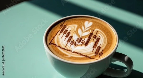 Obraz A cup of coffee with latte art of stock market chart on a light blue surface in bright sunlight