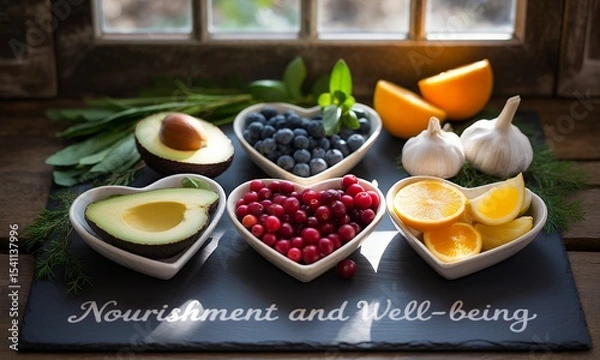 Fototapeta Vibrant Heart Shaped Bowls Displaying Fresh Fruits and Vegetables Still Life Arrangement Promoting Healthy Eating and Wellness Against a Rustic Wooden Background Under Natural Window Light with