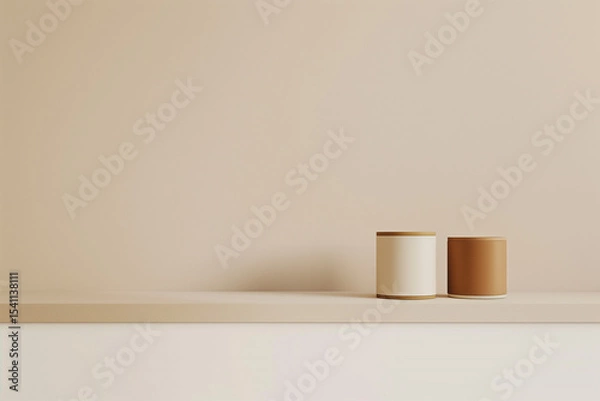 Fototapeta  Stylish product photography featuring two painted cans on a white shelf