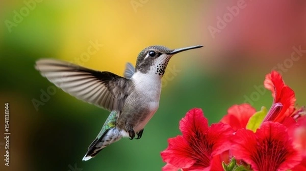 Fototapeta Delicate Hummingbird Hovering Near Vibrant Red Flowers in a Colorful Garden Setting
