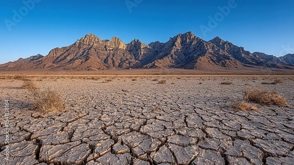 Obraz A cracked, arid landscape stretches beneath a mountain range.