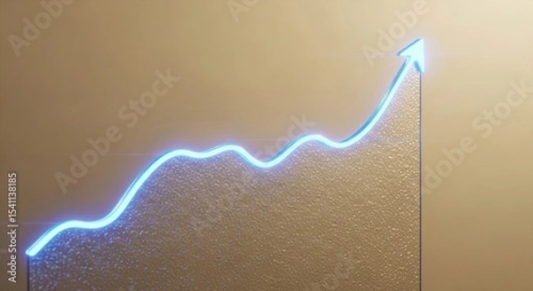 Fototapeta A glowing blue line graph with an upward trending arrow on a textured tan background in soft light