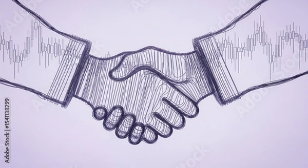 Fototapeta A sketch of two hands shaking with graph patterns on the sleeves on a light purple background