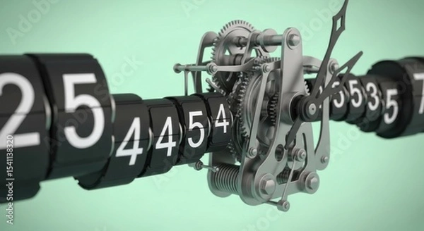Obraz Close up of a mechanical clock with visible gears and number display against a light green background