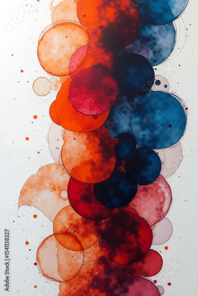 Obraz Abstract artistic background with vibrant arrangement of circular shapes in varying sizes and colors flows vertically, showcasing an exciting mix of red, blue, and peach hues. Generative AI.