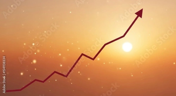 Obraz Red arrow pointing upwards against a bright orange and yellow gradient background with bokeh effect