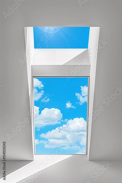 Fototapeta  Stylish white skylight illuminating modern house interior with blue sky view