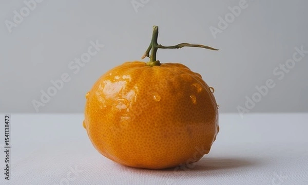 Fototapeta Vibrant Orange Citrus Fruit with Water Droplets on White Table Against a Gray Backdrop, Featuring its Textured Peel and Green Stem, Perfect for Promoting Health and Wellness, Isolated Studio Still
