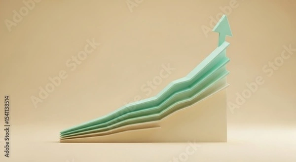 Fototapeta A minimalist representation of an upward trending chart with a light green arrow on a beige background