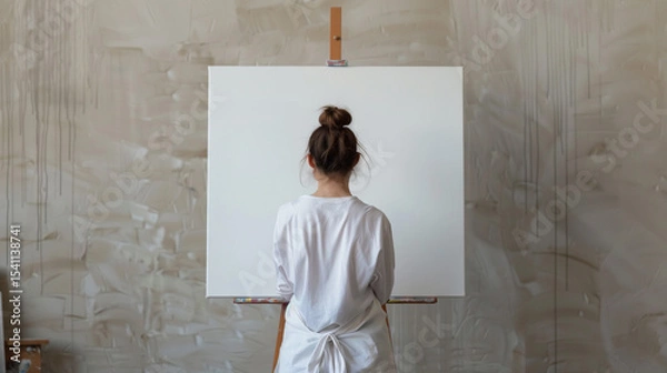Fototapeta  Woman in white shirt deep in thought before a blank canvas in art studio