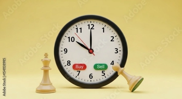 Obraz A clock showing time and buy and sell buttons with chess pieces on a yellow colored background image