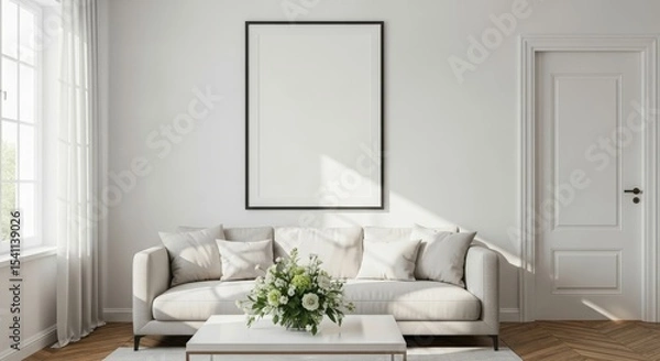 Fototapeta A minimalist living room with a sofa, coffee table, and a blank wall for artwork.