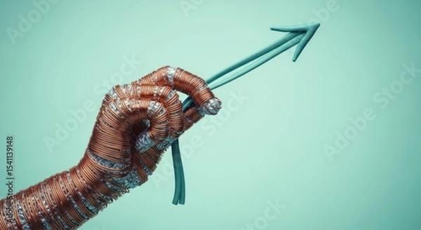 Obraz A robotic hand made of copper wire holding a blue arrow pointing upwards on a light blue background
