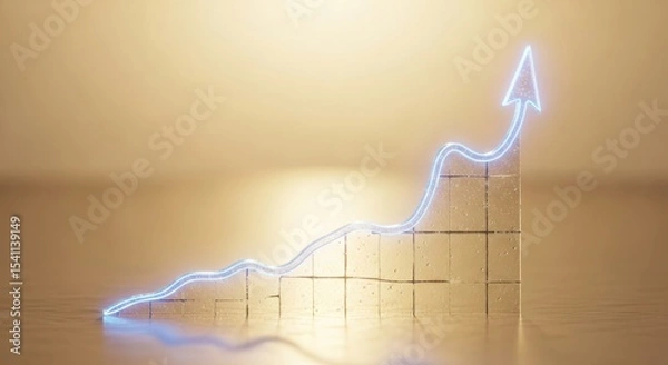 Obraz A blue neon arrow pointing upwards on a golden block staircase against a golden background wall