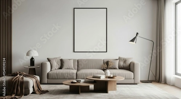 Fototapeta Modern living room with neutral tones and minimalist decor.