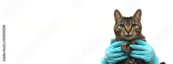 Fototapeta Doctors hands in blue gloves holding striped cat on light background