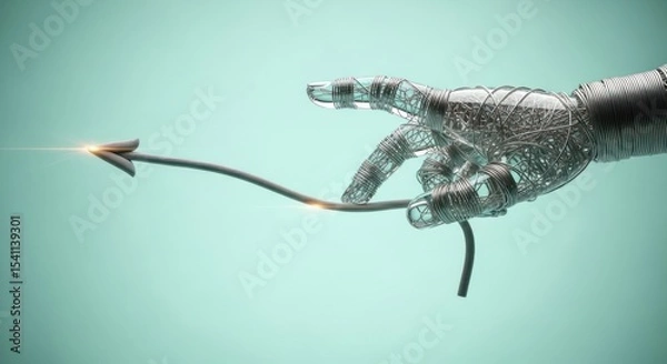 Obraz Robotic hand holding an arrow shaped cable against a light blue gradient background in studio shot
