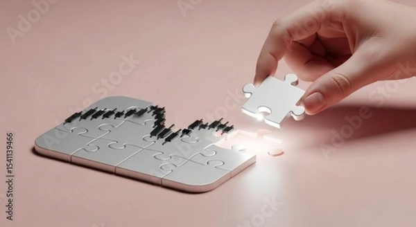 Obraz Hand placing puzzle piece into puzzle with stock chart on pink background in studio shot style image