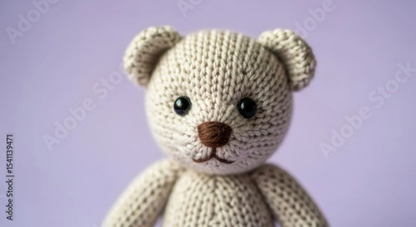Obraz Close up of a knitted beige teddy bear with black eyes and a brown nose against a lavender background