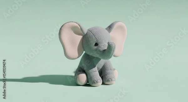 Obraz A plush gray elephant toy sitting upright on a light green background casting a shadow to the left