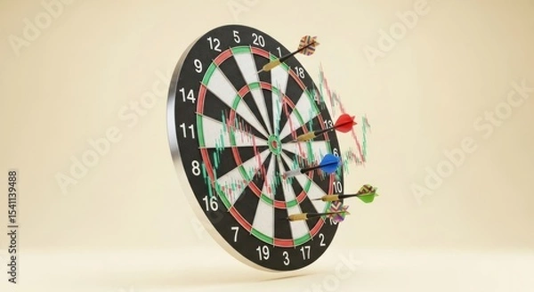 Obraz A dartboard with darts and a stock chart overlayed on a beige background in a studio setting