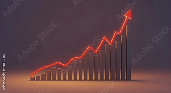 Fototapeta A red glowing arrow pointing upwards over a rising bar graph against a dark background illustration