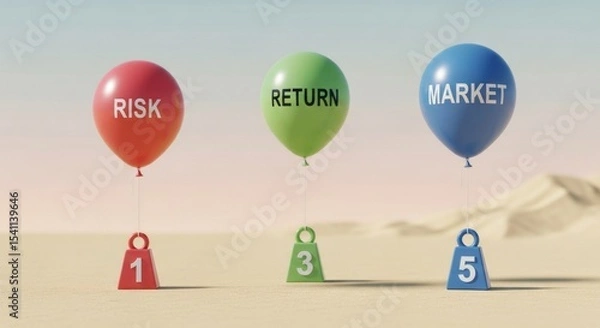 Obraz Three balloons labeled risk return and market each tethered to a numbered weight on a desert landscape